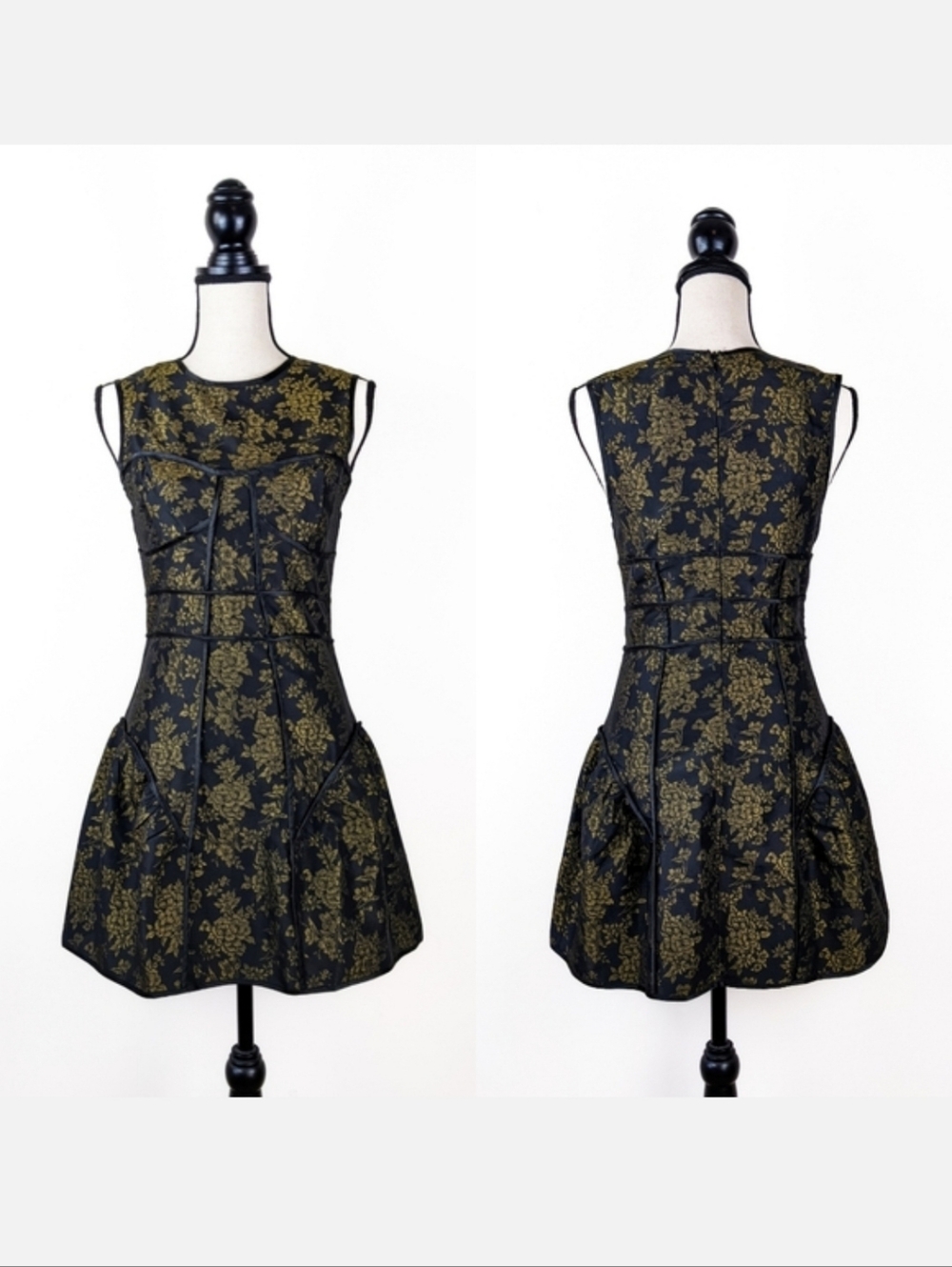 NWT Storia Black and Gold Brocade Structured Mini Cocktail Dress, Size Small
